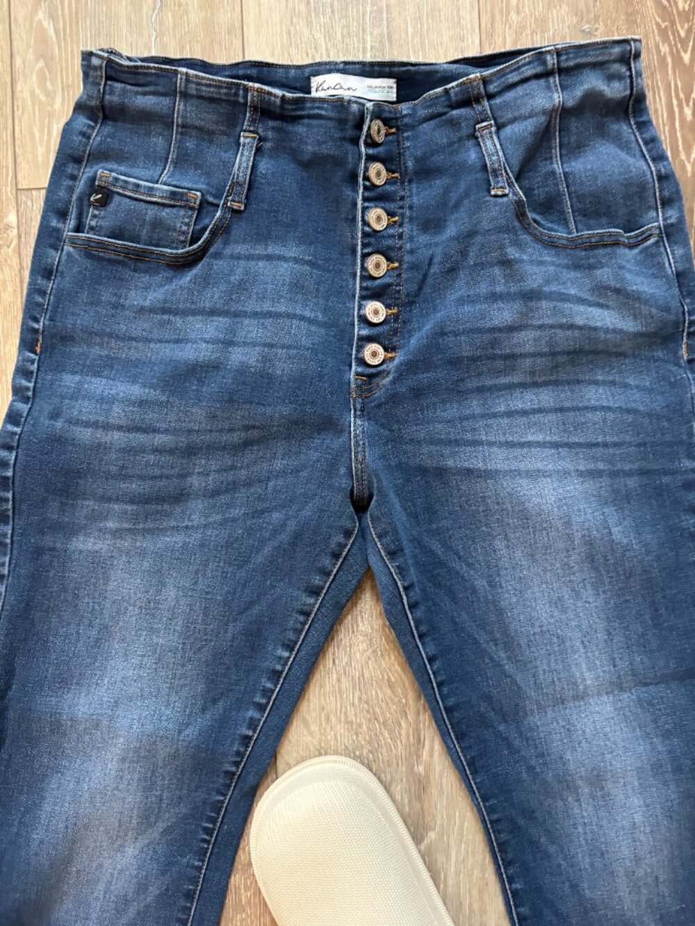 KanCan Jeans Womens 32 Dark Faded Wash Distressed Exposed Button Fly Blue Skinny